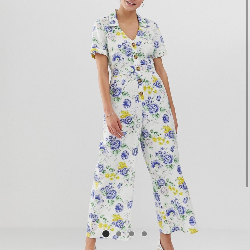 ASOS DESIGN cotton/linen floral print button front collar jumpsuit